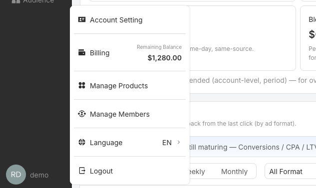 Account menu: Account Setting, Billing with Remaining Balance, Manage Products, Manage Members, Language, Logout