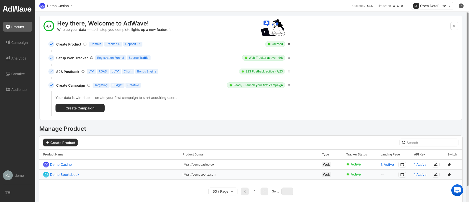 AdWave onboarding checklist with Create Product, Setup Web Tracker, S2S Postback and Create Campaign