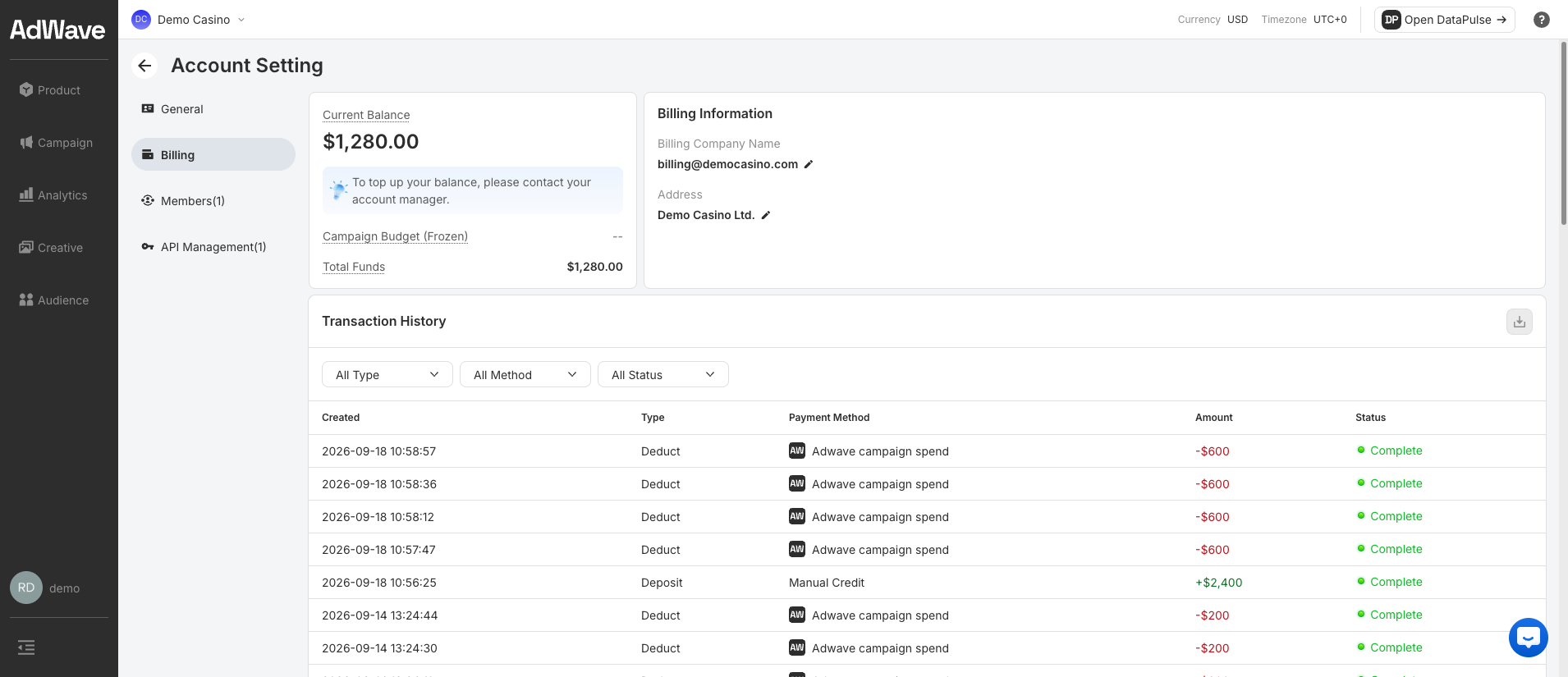 Account Setting — Billing: Current Balance, Campaign Budget (Frozen), Total Funds and Transaction History