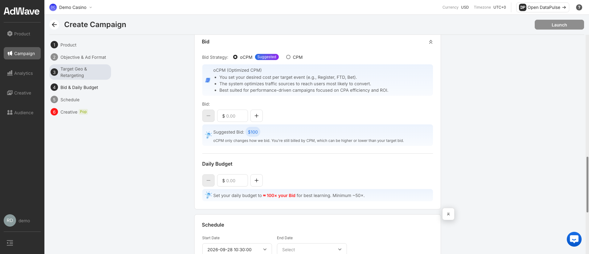 Create Campaign — Bid strategy, Suggested Bid and Daily Budget