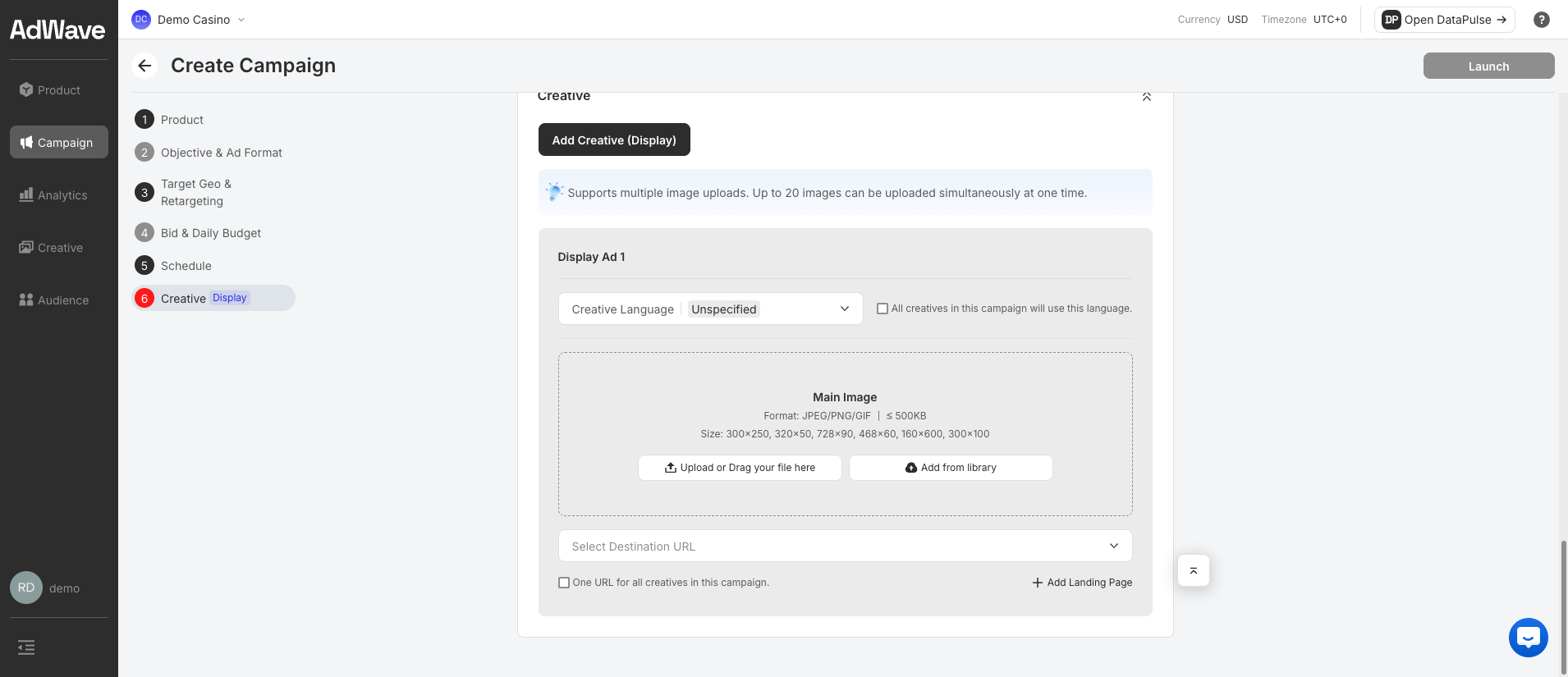 Create Campaign — Creative section for Display, with the Main Image upload box