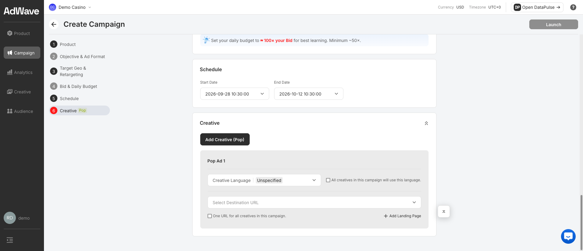 Create Campaign — Creative section for Pop