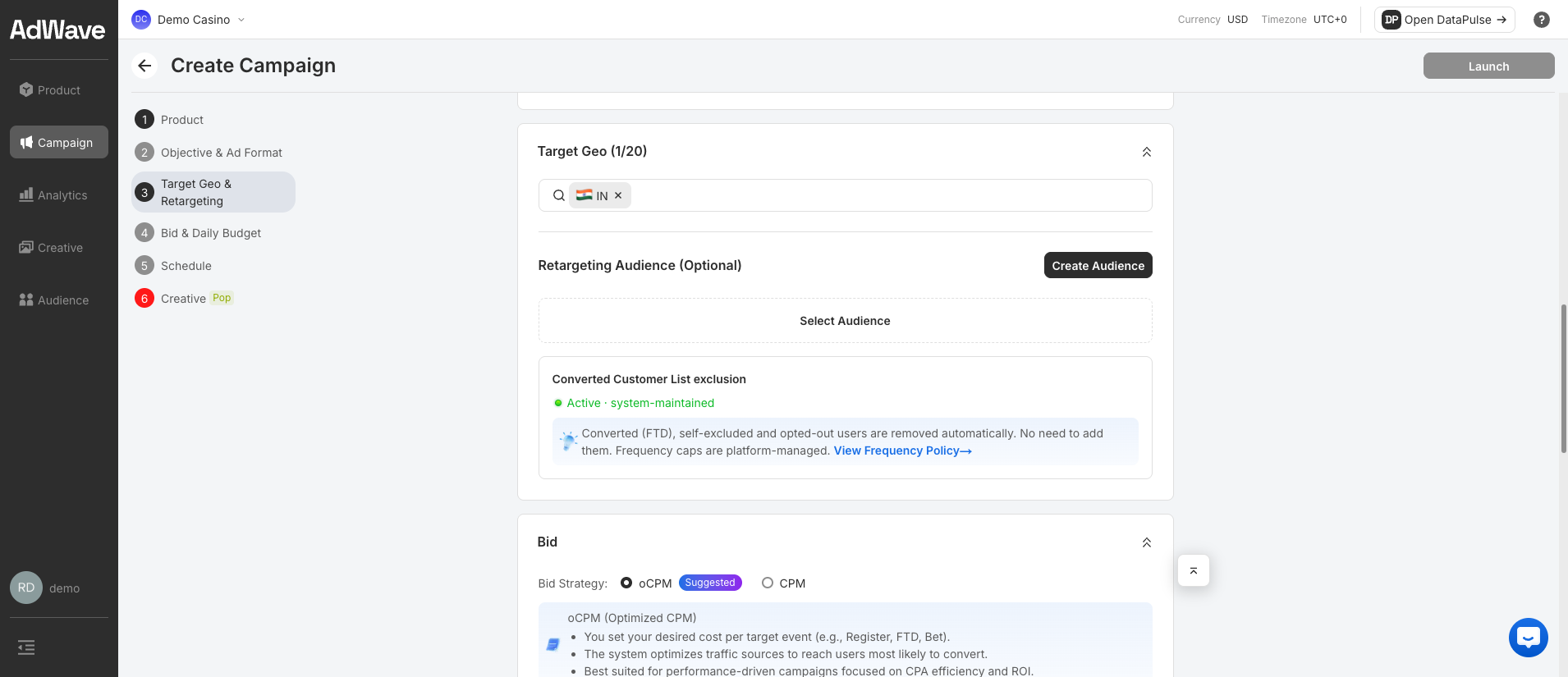 Create Campaign — Target Geo, Retargeting Audience and Converted Customer List exclusion