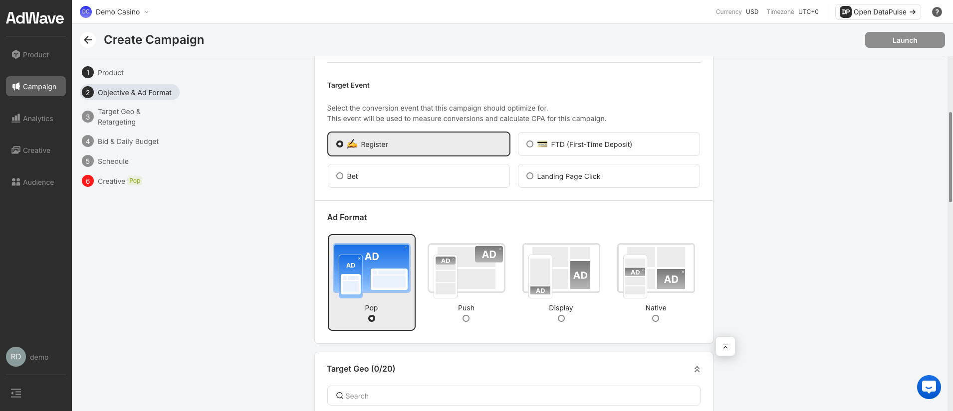 Create Campaign — Target Event and Ad Format
