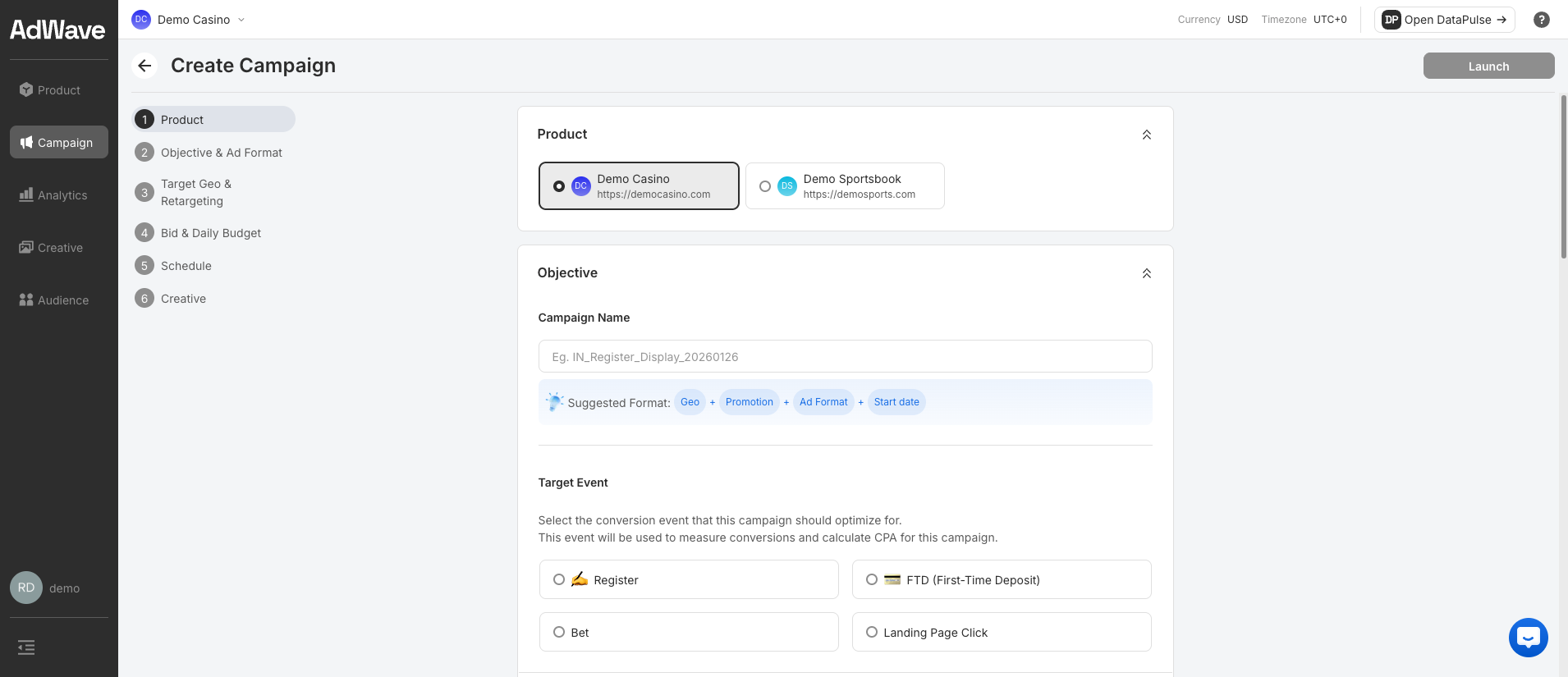 Create Campaign — step 1, Product selection
