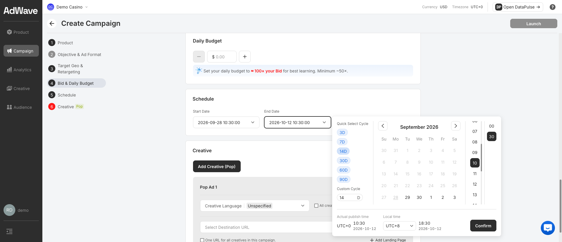 Create Campaign — Schedule, with the End Date picker open and 14D selected