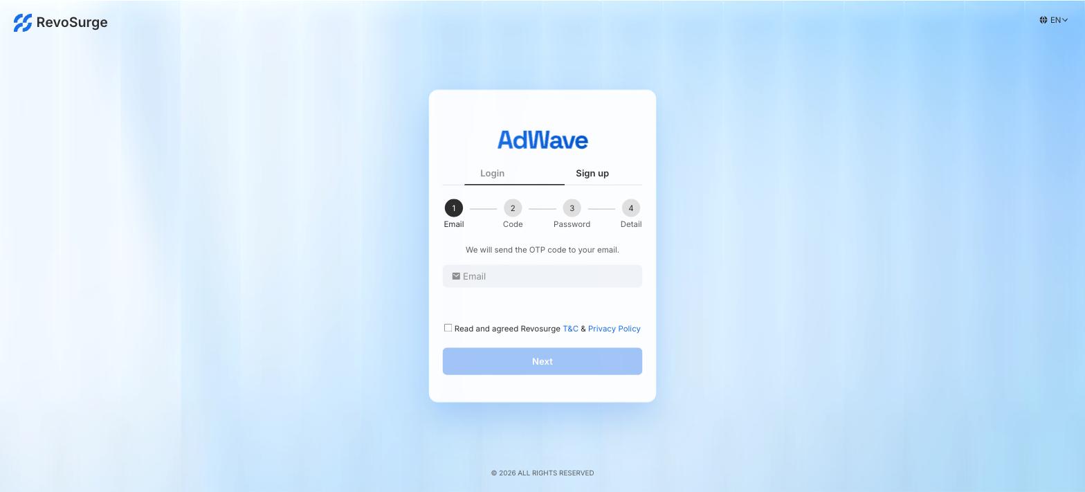 AdWave sign-up: Email, Code, Password, Detail