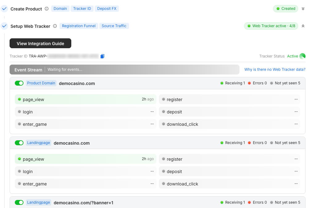 The Event Stream in the Setup Wizard, showing which events each domain is receiving