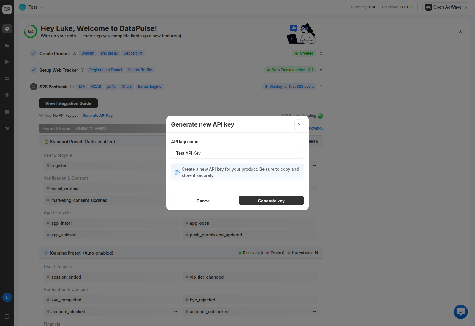 DataPulse → Setup Wizard → Step 3 · S2S Postback → Generate API Key