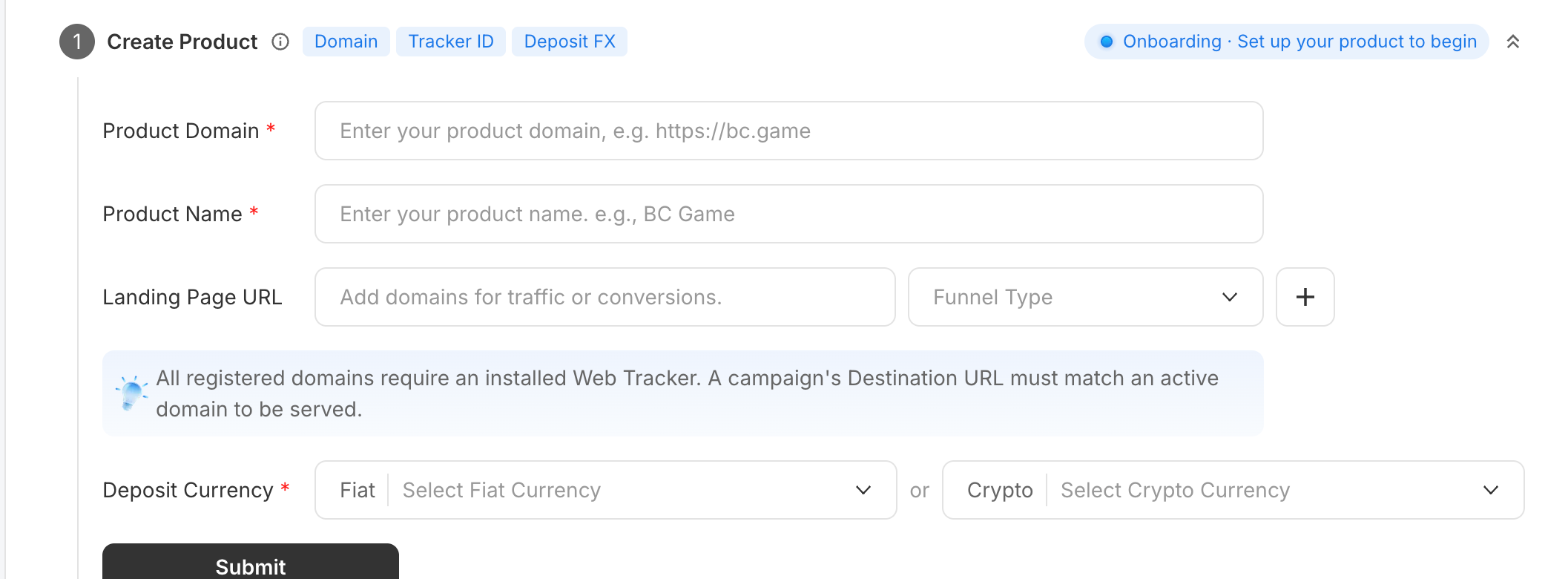 The Create Product form