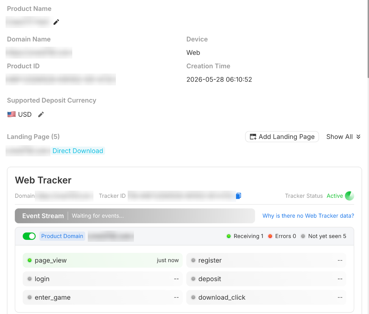 Product detail panel with the Web Tracker card and Tracker ID