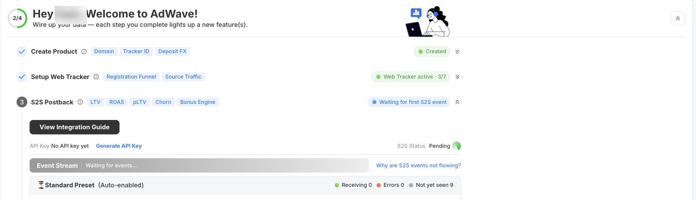 S2S Postback step in the Setup Wizard before an API key exists