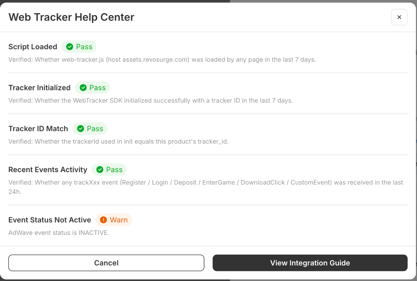 Web Tracker Help Center diagnostic panel