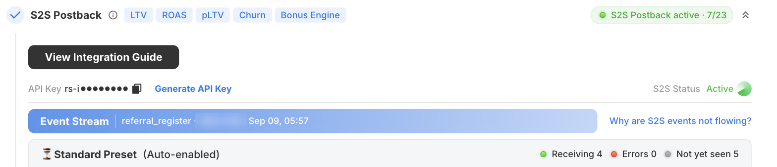 S2S panel with an active API key and S2S Status Active