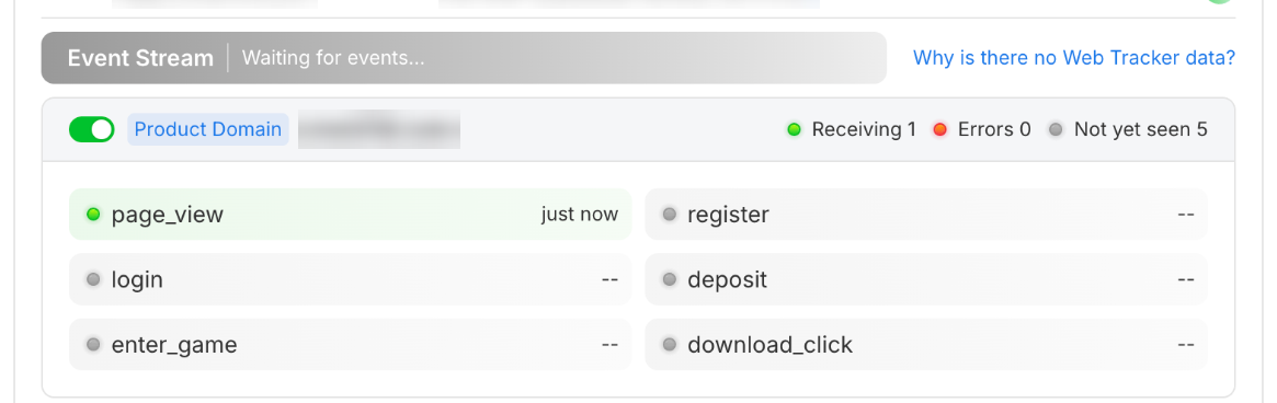 Web Tracker event stream showing events received per domain